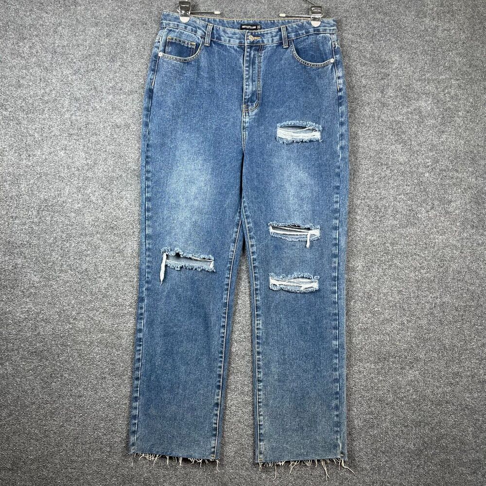 PrettyLittleThing Women's Ripped‎ Blue Jeans 12 Medium Wash Straight Long Leg